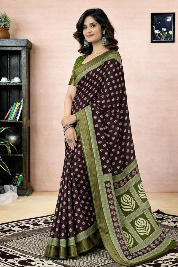 Leelavati_Printed_Floral_Print_Geometric_Print_Blocked_Printed_Woven_Daily_Wear_Pure_Cotton_Saree_Brown_And_Green