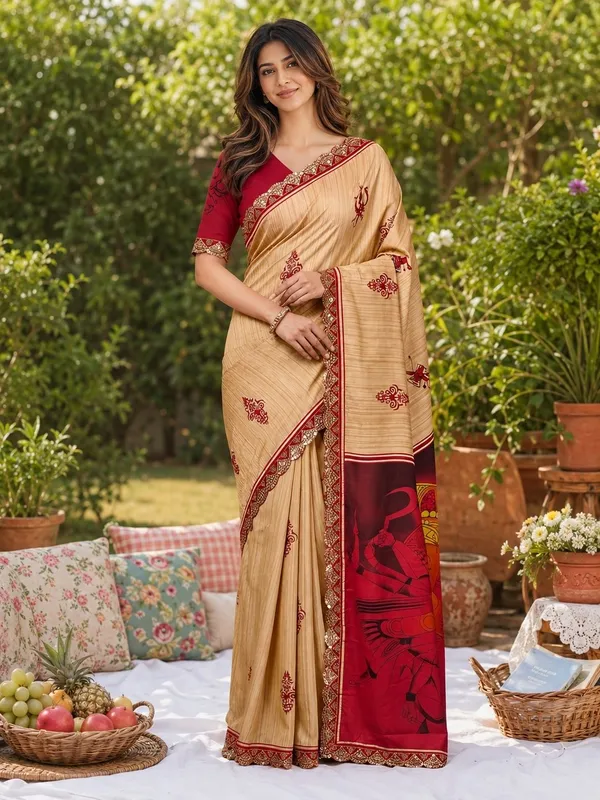 Leelavati_Embellished_Embroidered_Printed_Blocked_Printed_Daily_Wear_Pure_Cotton_Saree_Beige_And_Red