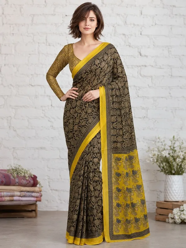 Leelavati_Printed_Floral_Print_Geometric_Print_Blocked_Printed_Woven_Daily_Wear_Pure_Cotton_Saree_Black_And_Yellow
