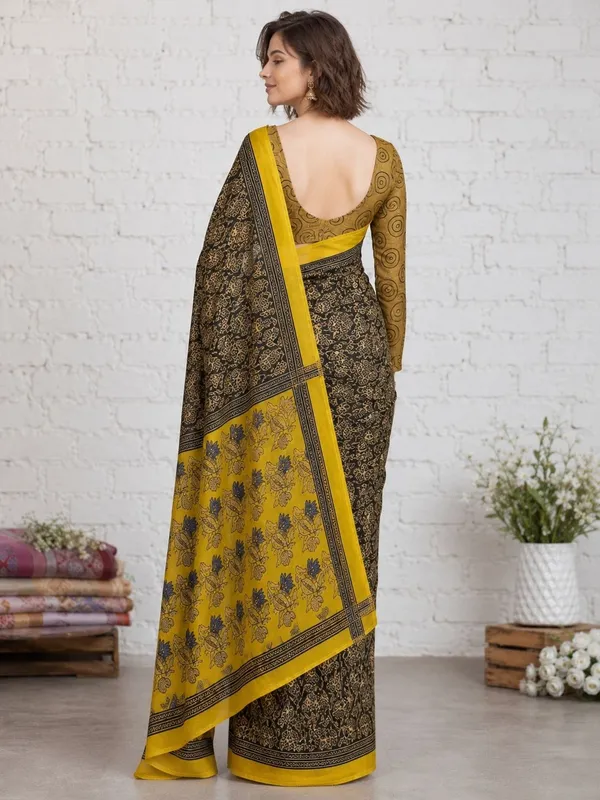 Leelavati_Printed_Floral_Print_Geometric_Print_Blocked_Printed_Woven_Daily_Wear_Pure_Cotton_Saree_Black_And_Yellow