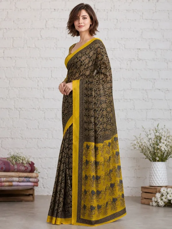 Leelavati_Printed_Floral_Print_Geometric_Print_Blocked_Printed_Woven_Daily_Wear_Pure_Cotton_Saree_Black_And_Yellow