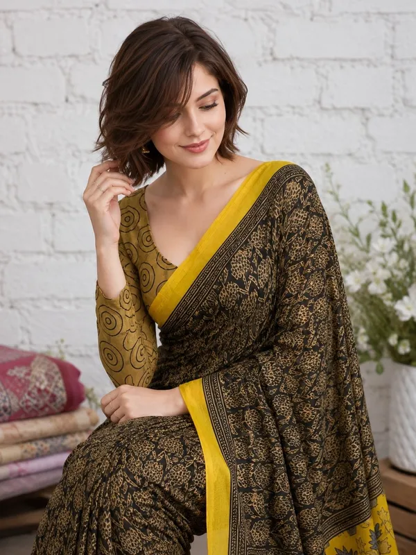 Leelavati_Printed_Floral_Print_Geometric_Print_Blocked_Printed_Woven_Daily_Wear_Pure_Cotton_Saree_Black_And_Yellow