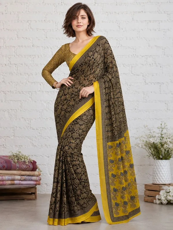 Leelavati_Printed_Floral_Print_Geometric_Print_Blocked_Printed_Woven_Daily_Wear_Pure_Cotton_Saree_Black_And_Yellow