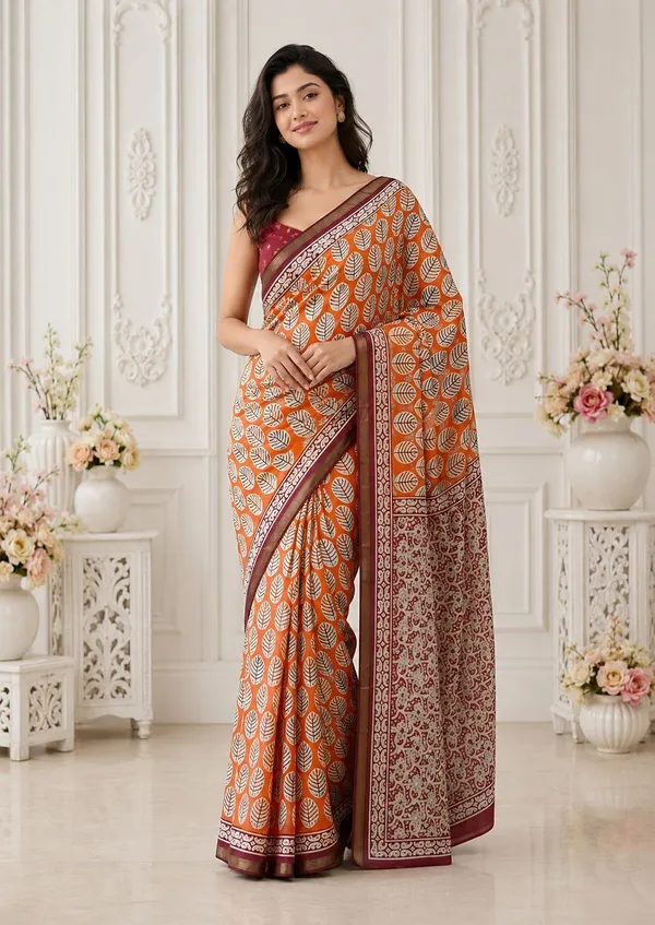 Leelavati_Printed_Floral_Print_Geometric_Print_Blocked_Printed_Woven_Daily_Wear_Pure_Cotton_Saree_Orange