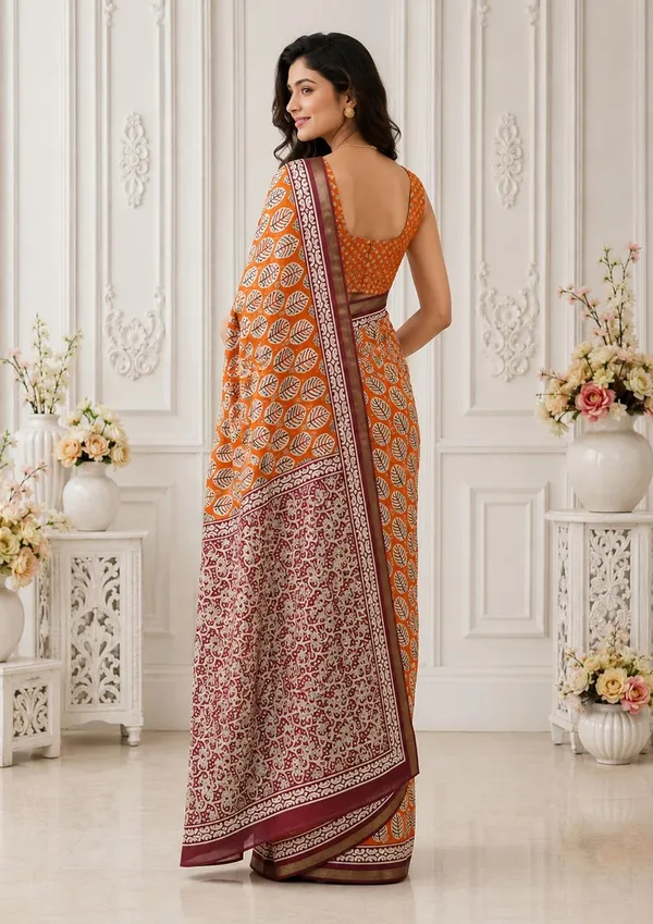 Leelavati_Printed_Floral_Print_Geometric_Print_Blocked_Printed_Woven_Daily_Wear_Pure_Cotton_Saree_Orange