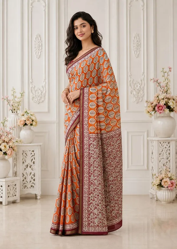 Leelavati_Printed_Floral_Print_Geometric_Print_Blocked_Printed_Woven_Daily_Wear_Pure_Cotton_Saree_Orange