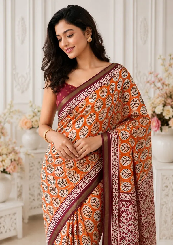 Leelavati_Printed_Floral_Print_Geometric_Print_Blocked_Printed_Woven_Daily_Wear_Pure_Cotton_Saree_Orange