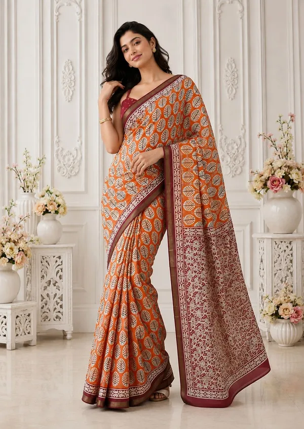 Leelavati_Printed_Floral_Print_Geometric_Print_Blocked_Printed_Woven_Daily_Wear_Pure_Cotton_Saree_Orange