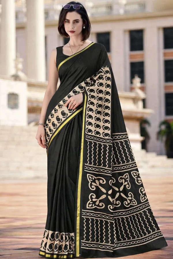 Leelavati_Printed_Floral_Print_Geometric_Print_Blocked_Printed_Woven_Daily_Wear_Pure_Cotton_Saree_Black