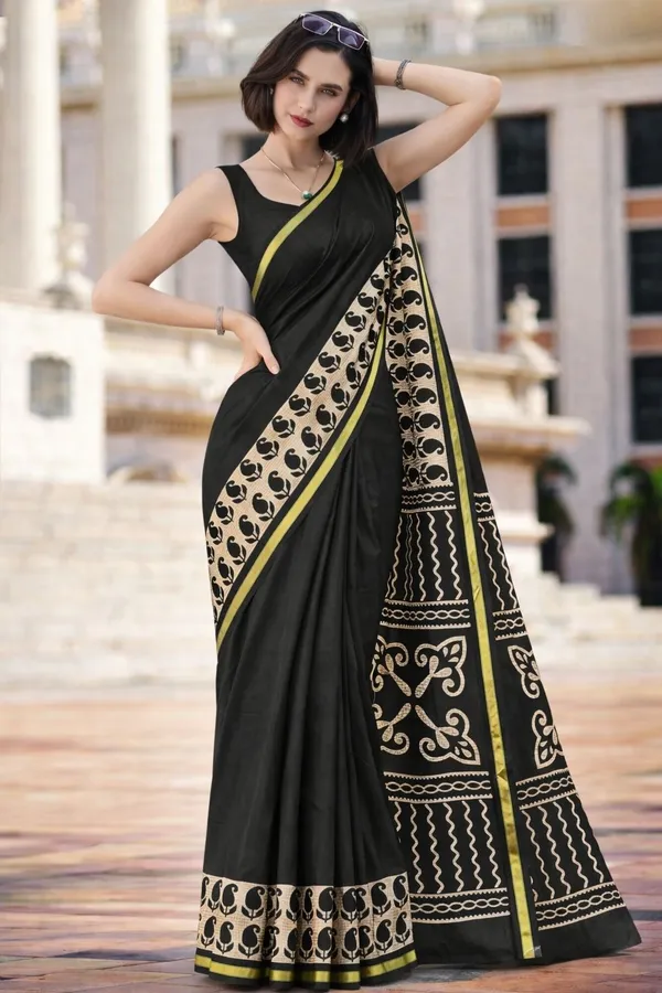 Leelavati_Printed_Floral_Print_Geometric_Print_Blocked_Printed_Woven_Daily_Wear_Pure_Cotton_Saree_Black