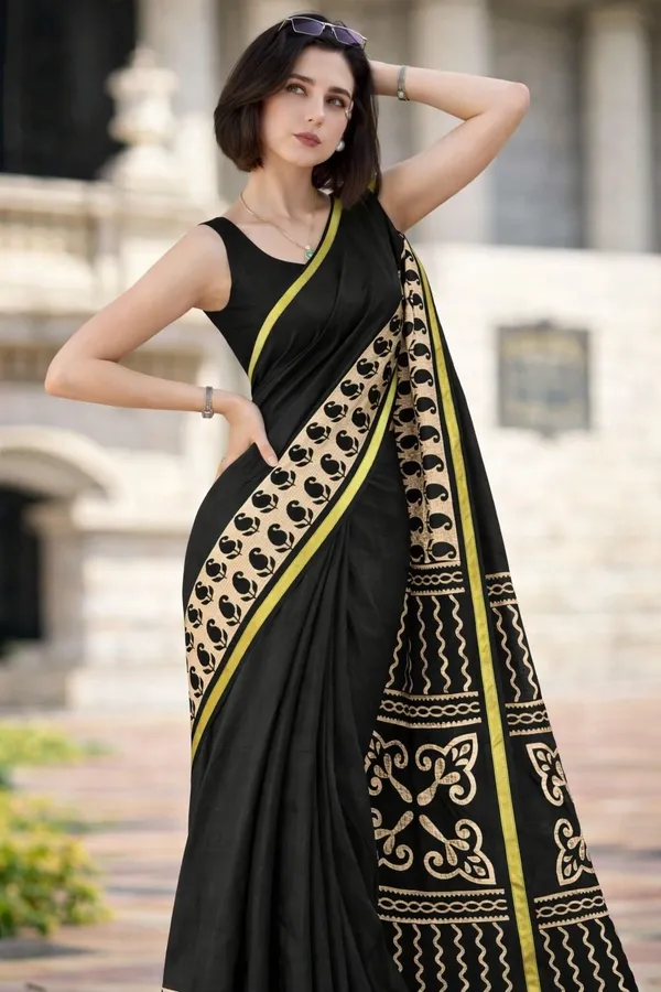 Leelavati_Printed_Floral_Print_Geometric_Print_Blocked_Printed_Woven_Daily_Wear_Pure_Cotton_Saree_Black