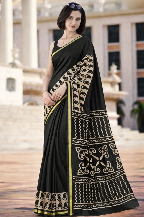 Leelavati_Printed_Floral_Print_Geometric_Print_Blocked_Printed_Woven_Daily_Wear_Pure_Cotton_Saree_Black