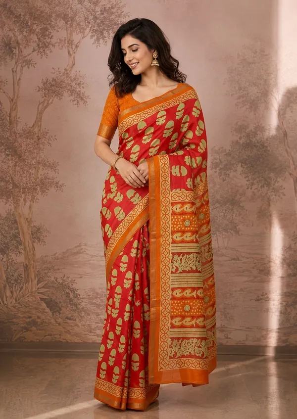 Leelavati_Printed_Floral_Print_Geometric_Print_Blocked_Printed_Woven_Daily_Wear_Pure_Cotton_Saree_Orange