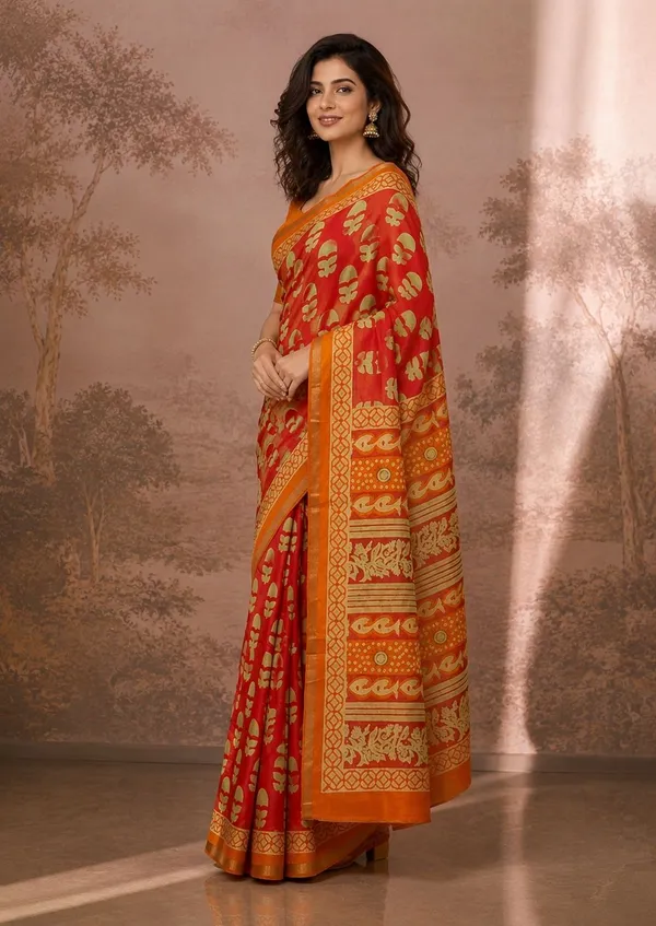 Leelavati_Printed_Floral_Print_Geometric_Print_Blocked_Printed_Woven_Daily_Wear_Pure_Cotton_Saree_Orange