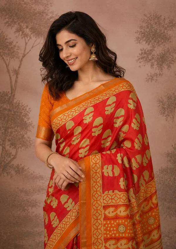 Leelavati_Printed_Floral_Print_Geometric_Print_Blocked_Printed_Woven_Daily_Wear_Pure_Cotton_Saree_Orange