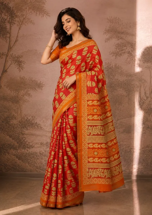 Leelavati_Printed_Floral_Print_Geometric_Print_Blocked_Printed_Woven_Daily_Wear_Pure_Cotton_Saree_Orange