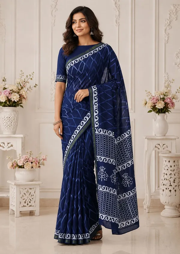 Leelavati_Printed_Floral_Print_Geometric_Print_Blocked_Printed_Woven_Daily_Wear_Pure_Cotton_Saree_Dark_Blue