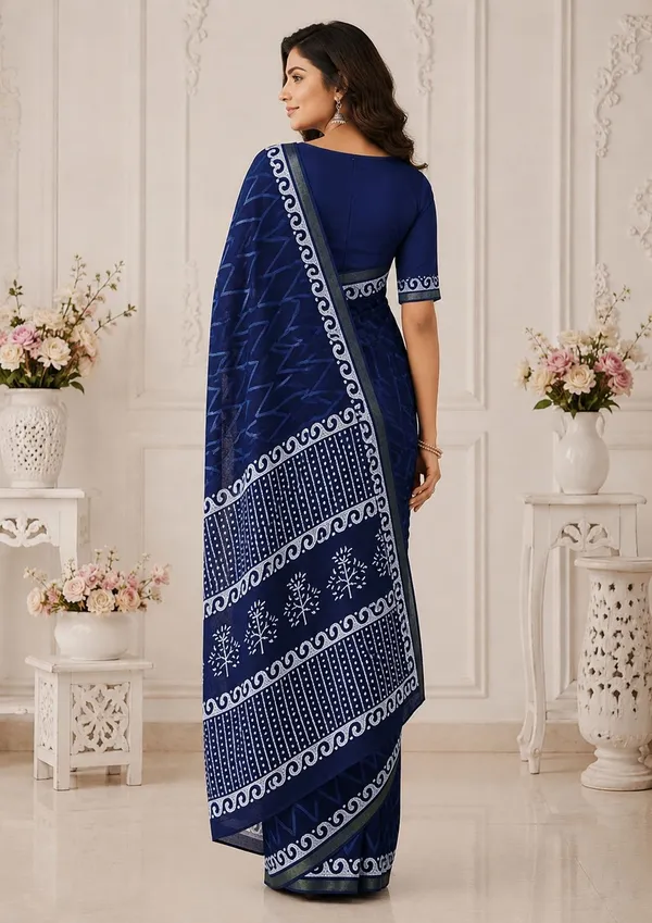 Leelavati_Printed_Floral_Print_Geometric_Print_Blocked_Printed_Woven_Daily_Wear_Pure_Cotton_Saree_Dark_Blue