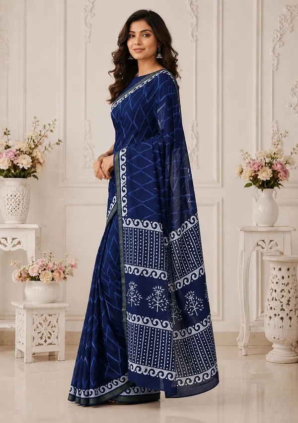 Leelavati_Printed_Floral_Print_Geometric_Print_Blocked_Printed_Woven_Daily_Wear_Pure_Cotton_Saree_Dark_Blue