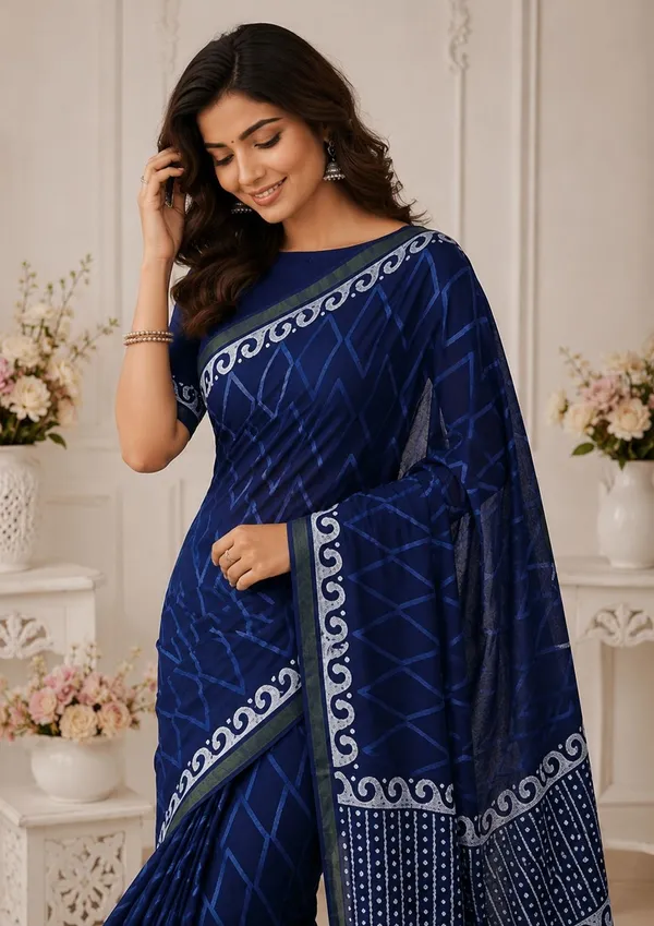 Leelavati_Printed_Floral_Print_Geometric_Print_Blocked_Printed_Woven_Daily_Wear_Pure_Cotton_Saree_Dark_Blue