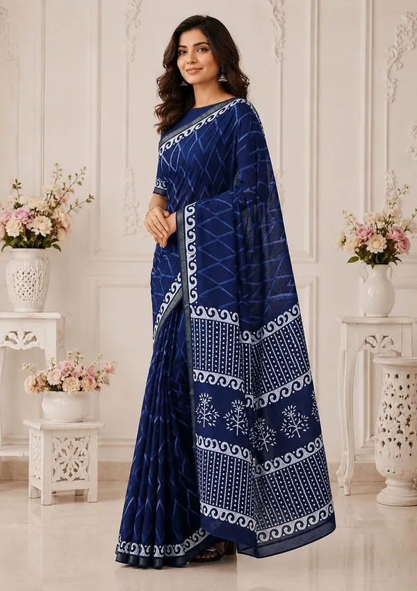 Leelavati_Printed_Floral_Print_Geometric_Print_Blocked_Printed_Woven_Daily_Wear_Pure_Cotton_Saree_Dark_Blue