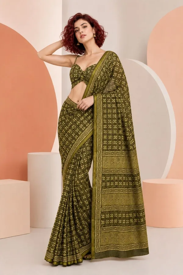 Leelavati_Printed_Floral_Print_Geometric_Print_Blocked_Printed_Woven_Daily_Wear_Pure_Cotton_Saree_Green