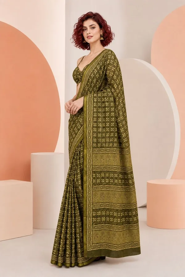Leelavati_Printed_Floral_Print_Geometric_Print_Blocked_Printed_Woven_Daily_Wear_Pure_Cotton_Saree_Green