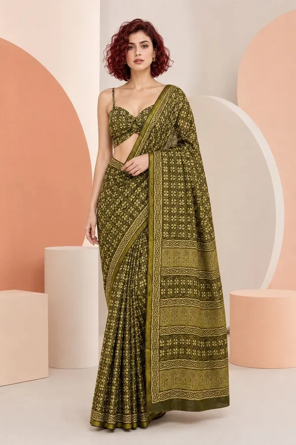 Leelavati_Printed_Floral_Print_Geometric_Print_Blocked_Printed_Woven_Daily_Wear_Pure_Cotton_Saree_Green