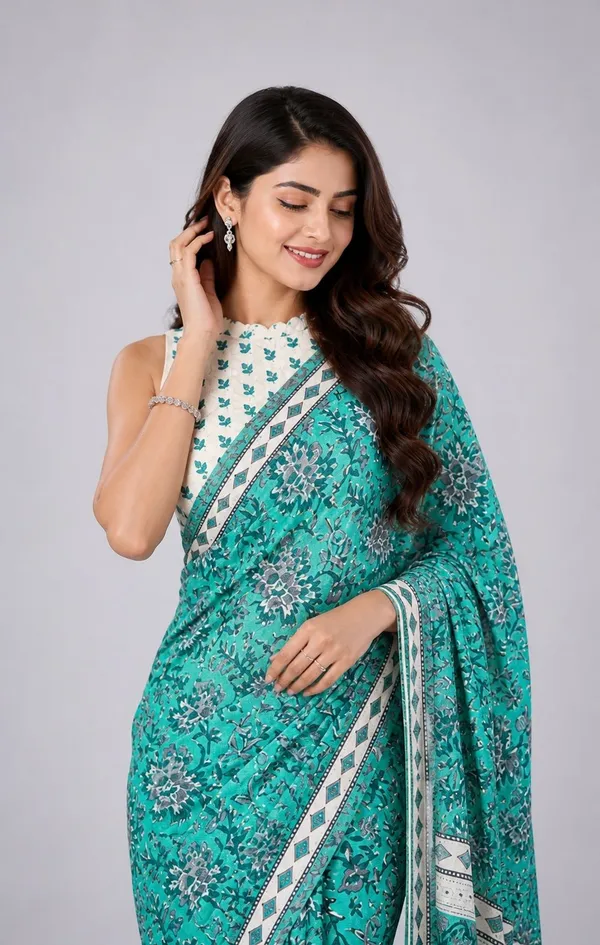 Leelavati_Printed_Floral_Print_Geometric_Print_Blocked_Printed_Woven_Daily_Wear_Pure_Cotton_Saree_Light_Blue