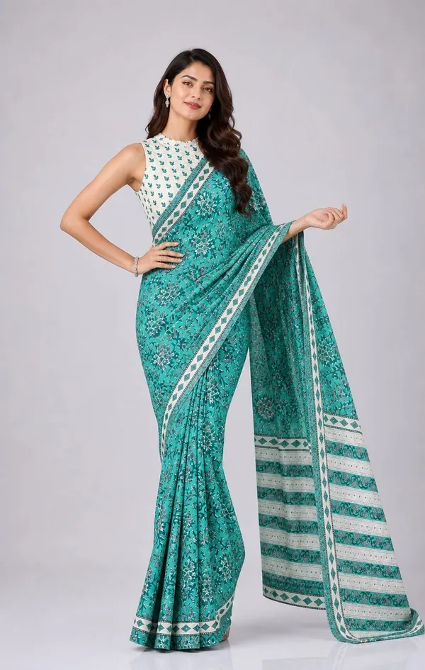 Leelavati_Printed_Floral_Print_Geometric_Print_Blocked_Printed_Woven_Daily_Wear_Pure_Cotton_Saree_Light_Blue