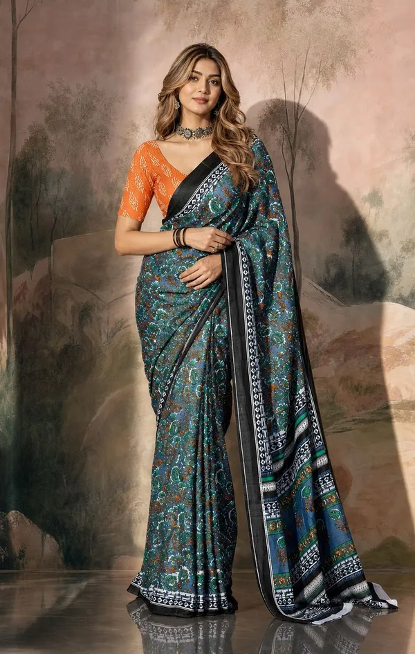 Leelavati_Printed_Floral_Print_Geometric_Print_Blocked_Printed_Woven_Daily_Wear_Pure_Cotton_Saree_Black