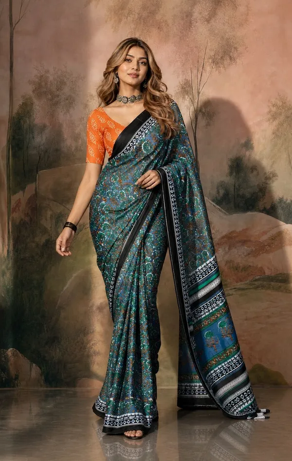 Leelavati_Printed_Floral_Print_Geometric_Print_Blocked_Printed_Woven_Daily_Wear_Pure_Cotton_Saree_Black