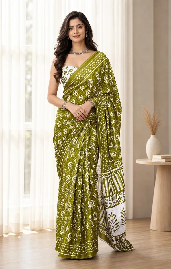 Leelavati_Printed_Floral_Print_Geometric_Print_Blocked_Printed_Woven_Daily_Wear_Pure_Cotton_Saree_Green