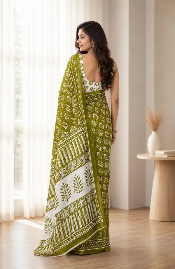 Leelavati_Printed_Floral_Print_Geometric_Print_Blocked_Printed_Woven_Daily_Wear_Pure_Cotton_Saree_Green