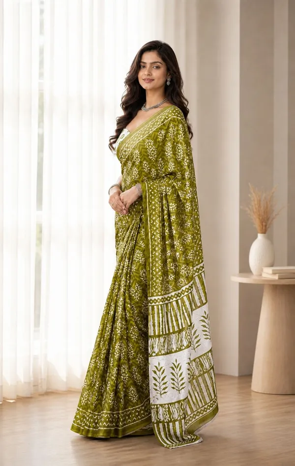Leelavati_Printed_Floral_Print_Geometric_Print_Blocked_Printed_Woven_Daily_Wear_Pure_Cotton_Saree_Green