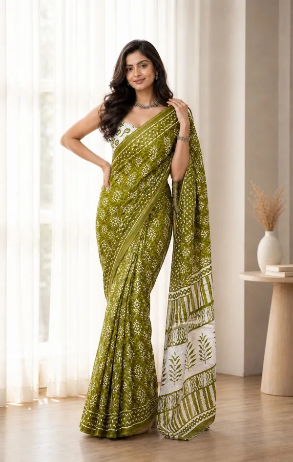 Leelavati_Printed_Floral_Print_Geometric_Print_Blocked_Printed_Woven_Daily_Wear_Pure_Cotton_Saree_Green