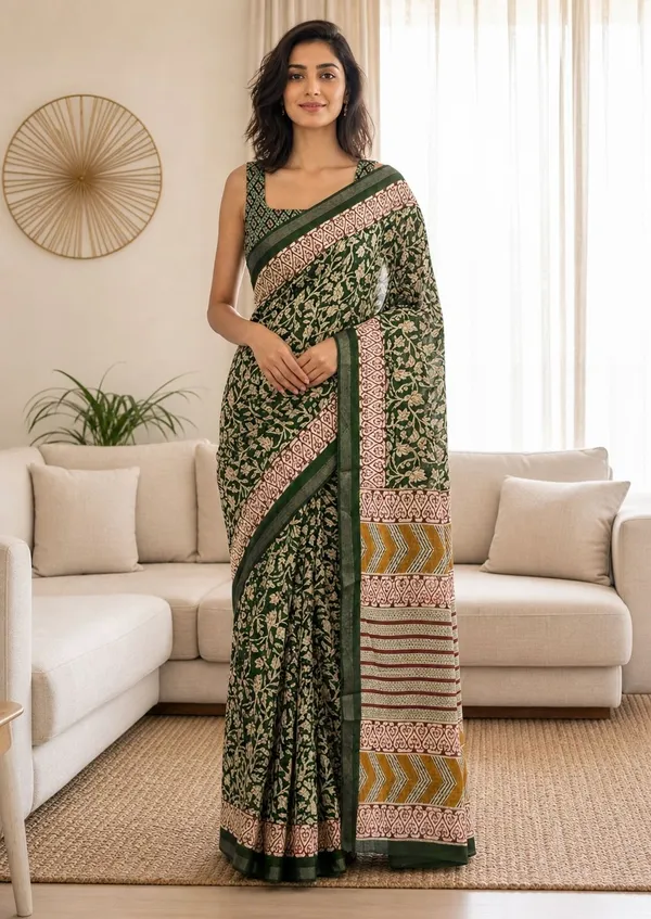 Leelavati_Printed_Floral_Print_Geometric_Print_Blocked_Printed_Woven_Daily_Wear_Pure_Cotton_Saree_Green