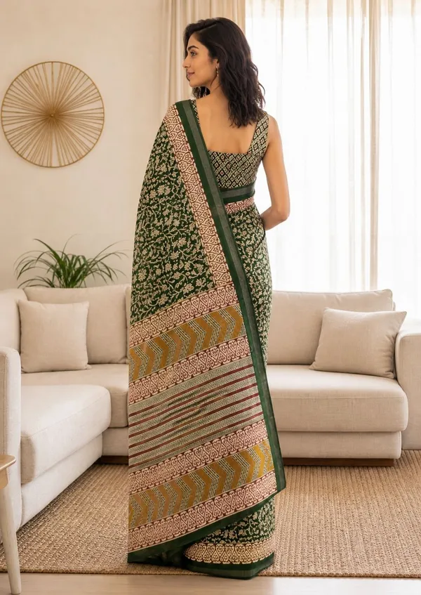 Leelavati_Printed_Floral_Print_Geometric_Print_Blocked_Printed_Woven_Daily_Wear_Pure_Cotton_Saree_Green