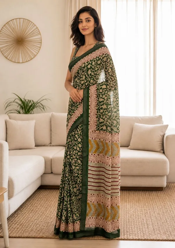 Leelavati_Printed_Floral_Print_Geometric_Print_Blocked_Printed_Woven_Daily_Wear_Pure_Cotton_Saree_Green