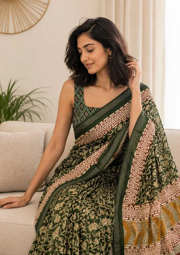 Leelavati_Printed_Floral_Print_Geometric_Print_Blocked_Printed_Woven_Daily_Wear_Pure_Cotton_Saree_Green