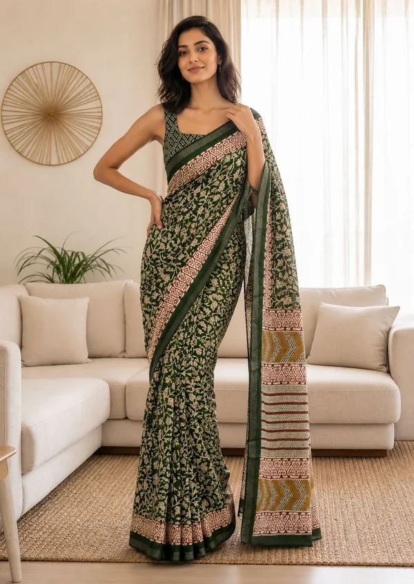 Leelavati_Printed_Floral_Print_Geometric_Print_Blocked_Printed_Woven_Daily_Wear_Pure_Cotton_Saree_Green