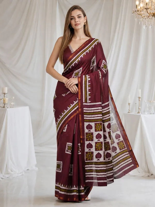 Leelavati_Printed_Floral_Print_Geometric_Print_Blocked_Printed_Woven_Daily_Wear_Pure_Cotton_Saree_Maroon