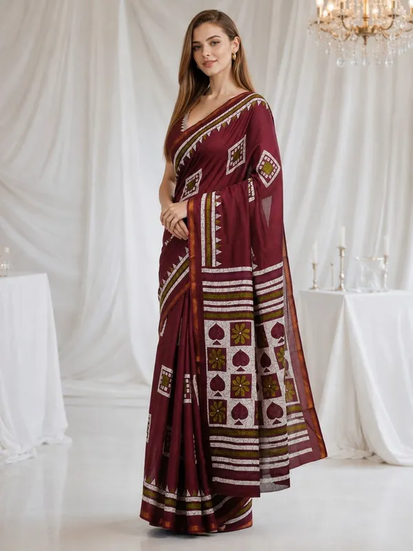 Leelavati_Printed_Floral_Print_Geometric_Print_Blocked_Printed_Woven_Daily_Wear_Pure_Cotton_Saree_Maroon