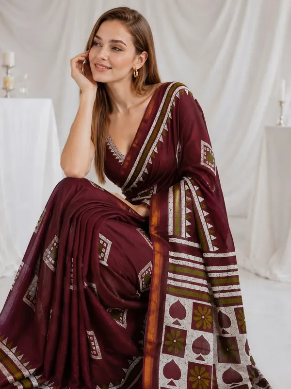Leelavati_Printed_Floral_Print_Geometric_Print_Blocked_Printed_Woven_Daily_Wear_Pure_Cotton_Saree_Maroon