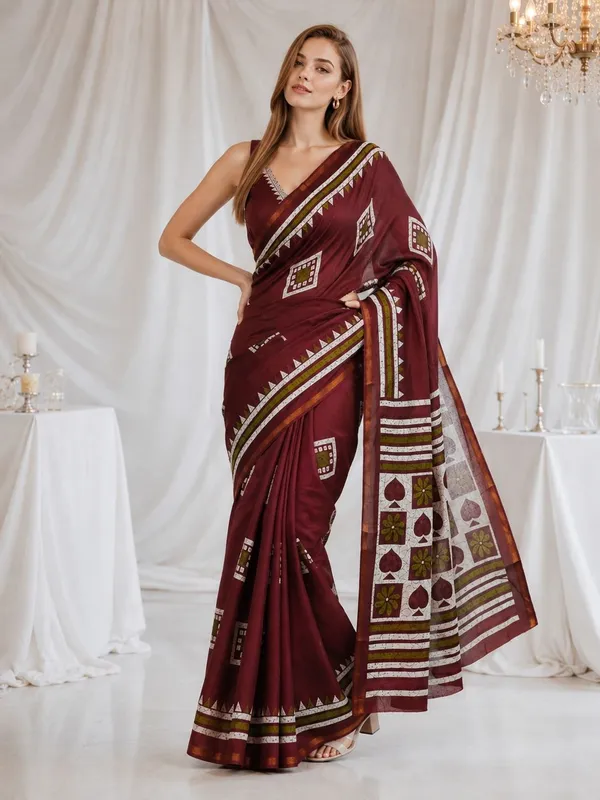 Leelavati_Printed_Floral_Print_Geometric_Print_Blocked_Printed_Woven_Daily_Wear_Pure_Cotton_Saree_Maroon