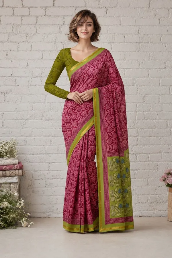 Leelavati_Printed_Floral_Print_Geometric_Print_Blocked_Printed_Woven_Daily_Wear_Pure_Cotton_Saree_Pink_And_Green