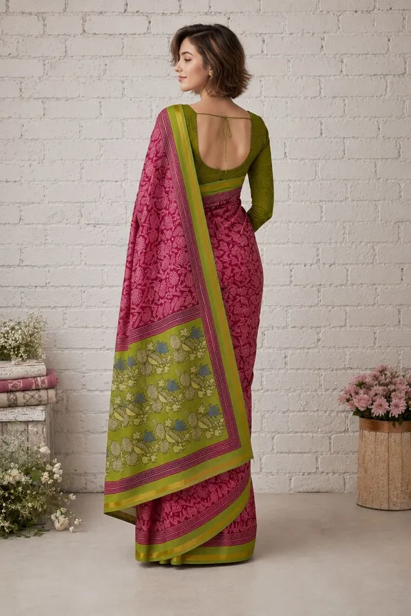 Leelavati_Printed_Floral_Print_Geometric_Print_Blocked_Printed_Woven_Daily_Wear_Pure_Cotton_Saree_Pink_And_Green