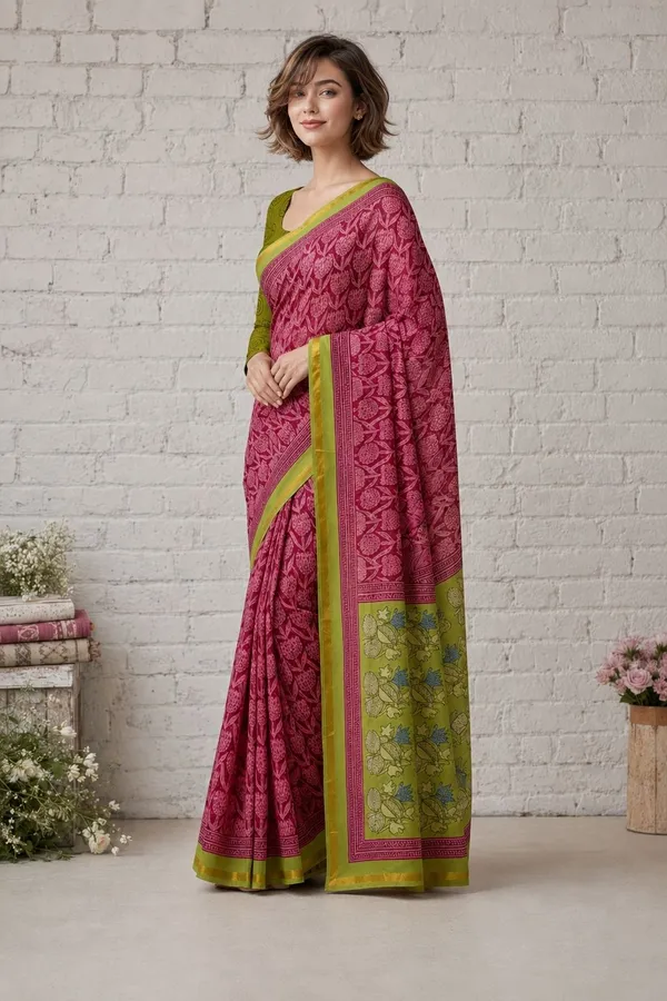 Leelavati_Printed_Floral_Print_Geometric_Print_Blocked_Printed_Woven_Daily_Wear_Pure_Cotton_Saree_Pink_And_Green