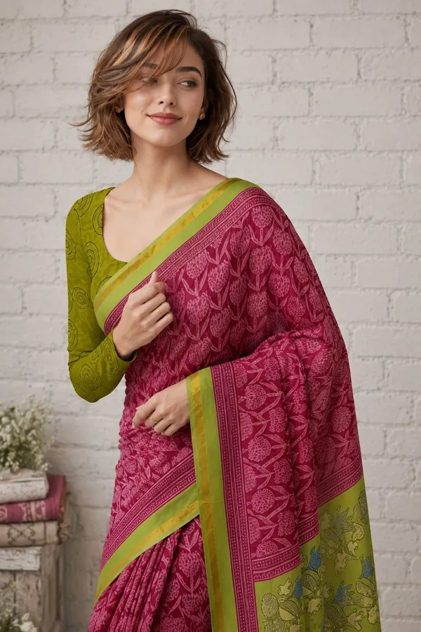 Leelavati_Printed_Floral_Print_Geometric_Print_Blocked_Printed_Woven_Daily_Wear_Pure_Cotton_Saree_Pink_And_Green