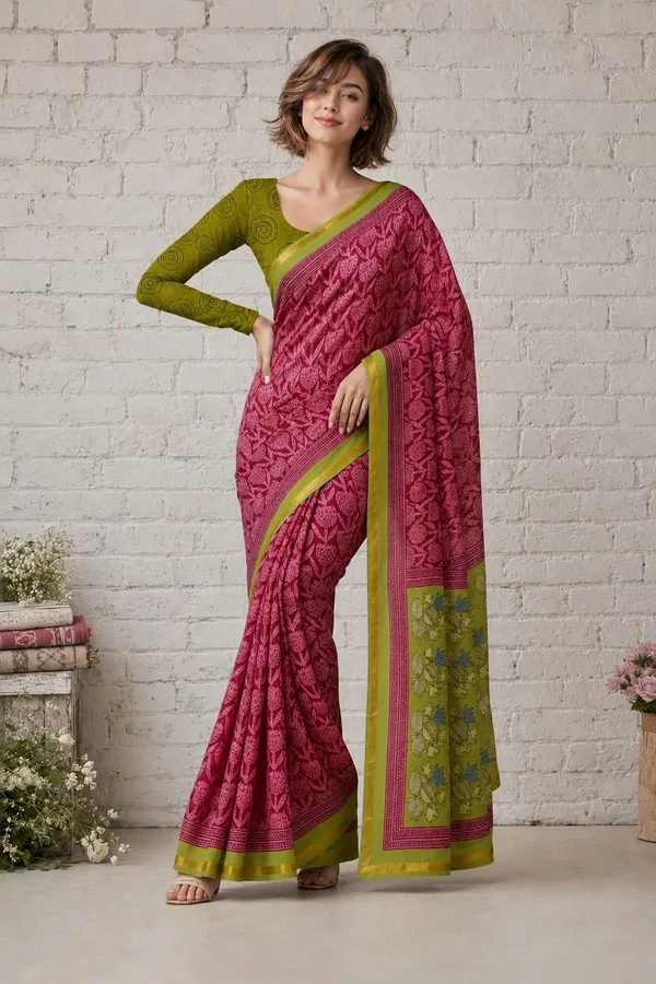 Leelavati_Printed_Floral_Print_Geometric_Print_Blocked_Printed_Woven_Daily_Wear_Pure_Cotton_Saree_Pink_And_Green